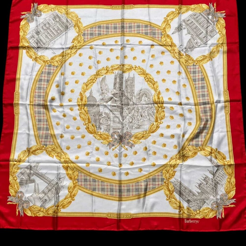 Vintage BURBERRYS Silk Scarf Red Gold Castle Angels & Nova Check Plaid Carre 90
